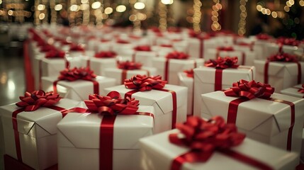 Elegant white Christmas presents with red ribbons bring holiday cheer