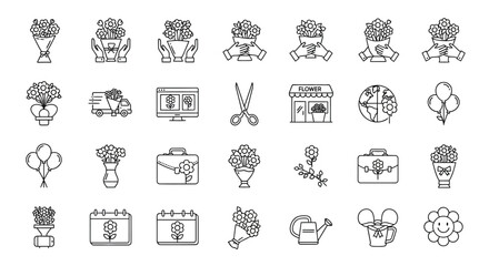 Set of flower shop icons contains such icons as bouquet, delivery, online order, scissors and more vector art
