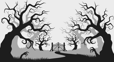 Eerie gate beckons within spooky woods, perfect for Halloween or spooky season designs and invitations, ideal for dark fantasy themes and scary tales