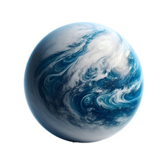 A high-quality artwork image of a fantasy planet, digitally designed to combine vivid colors with the fluid texture of cosmic clouds. The scene displays gas swirls and waves of orange, blue, and white