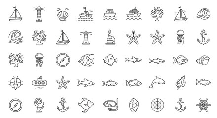 Sea and nautical vector linear icons set boat, lighthouse, shell, ship, wave, tree, compass, fish, shark, anchor
