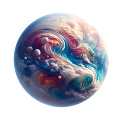 A high-quality artwork image of a fantasy planet, digitally designed to combine vivid colors with the fluid texture of cosmic clouds. The scene displays gas swirls and waves of orange, blue, and white