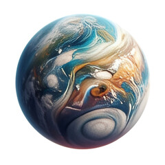 A high-quality artwork image of a fantasy planet, digitally designed to combine vivid colors with the fluid texture of cosmic clouds. The scene displays gas swirls and waves of orange, blue, and white