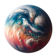 A high-quality artwork image of a fantasy planet, digitally designed to combine vivid colors with the fluid texture of cosmic clouds. The scene displays gas swirls and waves of orange, blue, and white