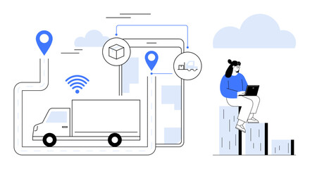 Delivery truck with GPS route, package icons, smartphone analytics, wireless connectivity, and woman on bar graph using laptop. Ideal for logistics, shipping, technology, data business transport
