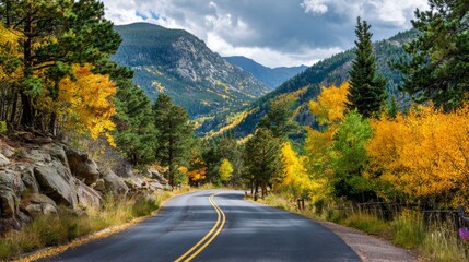 Fototapeta premium beautiful landscape a road surrounded by yellow and green trees