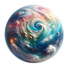 A high-quality artwork image of a fantasy planet, digitally designed to combine vivid colors with the fluid texture of cosmic clouds. The scene displays gas swirls and waves of orange, blue, and white