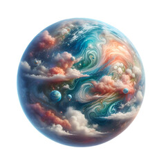 A high-quality artwork image of a fantasy planet, digitally designed to combine vivid colors with the fluid texture of cosmic clouds. The scene displays gas swirls and waves of orange, blue, and white