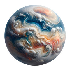 A high-quality artwork image of a fantasy planet, digitally designed to combine vivid colors with the fluid texture of cosmic clouds. The scene displays gas swirls and waves of orange, blue, and white
