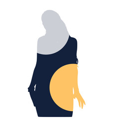Silhouette of a female figure with long hair in a modern, artistic illustration style. The body features a dark navy blue color with a large yellow-orange semicircle pattern