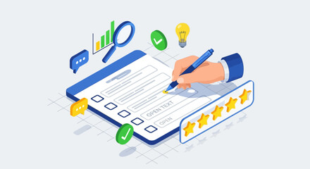 Vector isometric concept of online survey and feedback collection system with form, pen, and star rating, representing customer