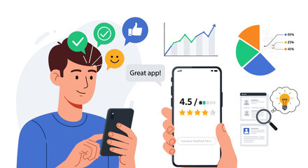 Modern flat vector design of UX survey and app performance rating with user giving feedback on mobile device