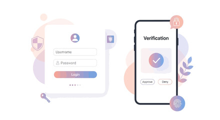 Modern UI vector concept of multi-factor authentication. User interface screens with password login and mobile verification notification. Clean flat design with pastel gradients and security icons