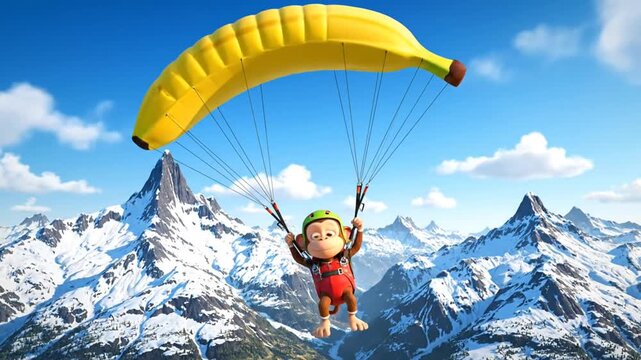 adventurous cartoon monkey banana parachute over mountains