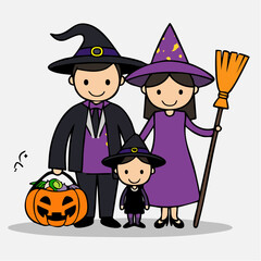 Happy Family Dressed as Witches and Wizard with Pumpkin Bucket &ndash; Halloween Celebration