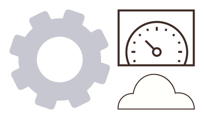 Gear, speedometer, and cloud suggest optimization, performance tracking, and cloud computing. Ideal for technology, efficiency, software development, cloud solutions data analysis performance