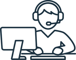 Line art illustration of a customer service representative wearing a headset and working at a computer workstation