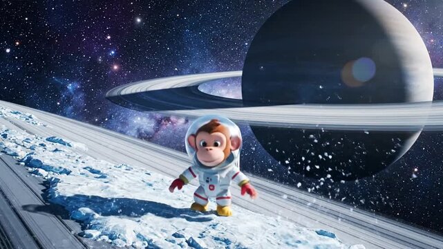 cartoon monkey astronaut bounces on icy planet rings