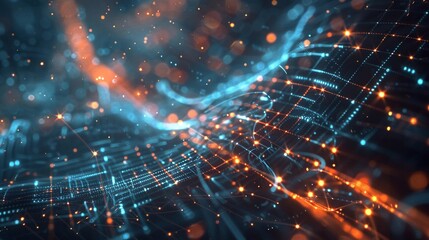 Abstract digital network with orange and blue lights