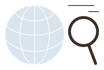 Globe grid and magnifying glass evoke global connectivity, analysis, research, data exploration. Ideal for technology, education, navigation, search globalization innovation. Simple flat metaphor
