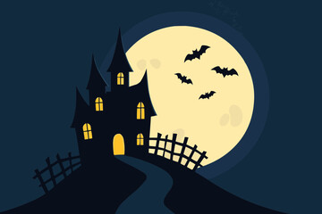 Flat vector of haunted house on hill with crooked fence, full moon, and flying bats