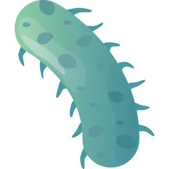 Abstract illustration of a teal colored rod shaped bacterium with blue spots and spiky protrusions on a clean white background with a transparent layer