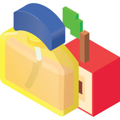Abstract illustration of a yellow perfume bottle next to a red apple slice with a green leaf on a transparent background