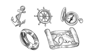 Set of isolated sketch of sea equipment. Ocean compass and vintage map, hand drawn ship or boat steering wheel and anchor, lifebuoy. Hand drawn sailing or pirate icon. Navigation and nautical theme