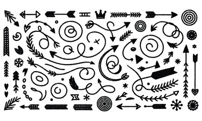 Collection of hand drawn arrows and design elements vector illustration