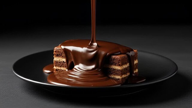 A luscious slice of cake covered in cascading, rich, dark chocolate on a black plate