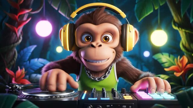 cartoon monkey dj spinning records in jungle party