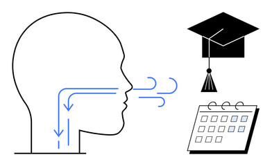 Human head with airflow paths and arrows, a graduation cap, and a calendar. Ideal for education, learning, planning, respiratory health, time management, success and focus themes in a simple flat