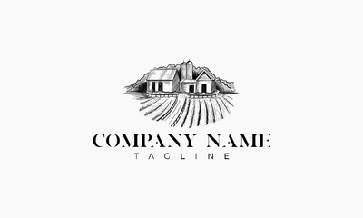 Hand Drawn Sketch of a Farm with Buildings and Field