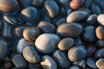 Wet  Pebbles stones on seashore as  texture background for design web banner template page. SPA concept background