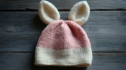 Handmade knitted cap featuring upright animal ears rests upon a dark wooden surface.