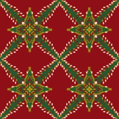 A Beautiful Christmas Ikat seamless pattern - Wreath Xmas Holiday ikat - Ikat Christmas color background - Stars and Christmas ornament - Seamless Pattern - Pattern for Christmas fabrics and paper 