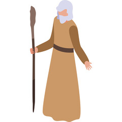 Ancient Wise Man Holding Staff and Offering Blessing in Simple Tunic on Transparent Background Detailed Character Design