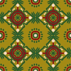 Colorful Ikat Holiday Seamless Pattern - Greeting Card Holiday Season ikat - Ikat design seamless for textile and paper printing - Seamless Pattern Green Red White Gold - Scalable ikat Holiday Decor