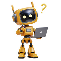 Fototapeta premium 3D Yellow Cute Robot Thinking with Question Mark and Laptop