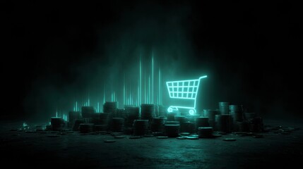 Concept of Online Shopping and Increasing Revenue Showing Coins With a Neon Shopping Cart Representing Buying Power