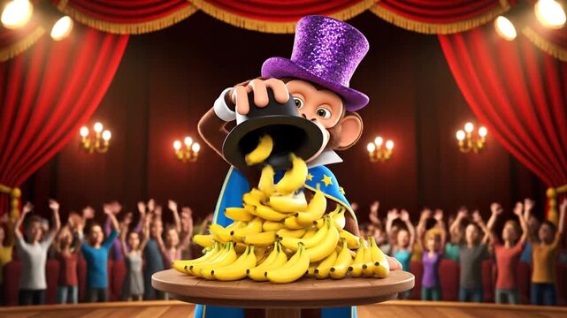 cartoon monkey magician performs amazing banana trick