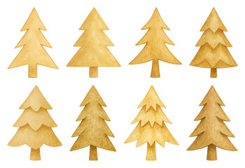Fototapeta premium PNG Golden watercolor Christmas trees illustration, element set on transparent background
