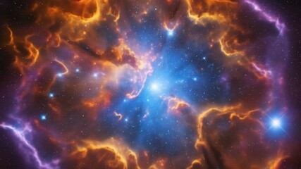 A nebula bursts with blue at its core surrounded by orange and purple tendrils against a backdrop of stars - Powered by Adobe
