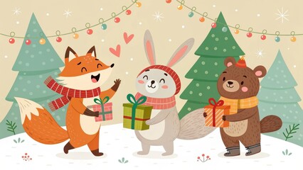 Obraz premium Cute cartoon fox rabbit and bear exchanging christmas gifts in snowy forest