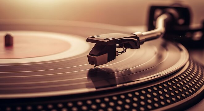 Golden Light on a Vintage Turntable Needle Tracing Grooves of a Spinning Vinyl LP.