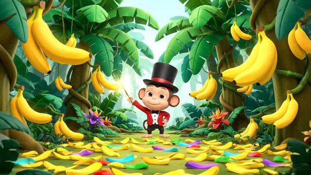 cute cartoon monkey magician waves wand jungle