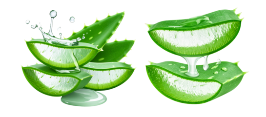Sliced green aloe vera leaves with glistening gel, some with a splashing effect isolated on a transparent background.