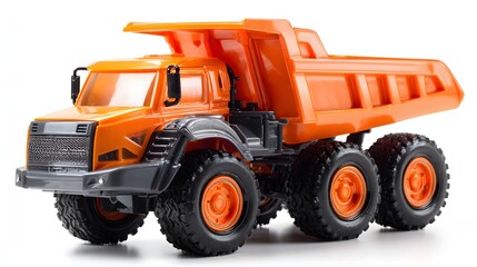 Bright orange construction dump truck miniature rests against a clean white background