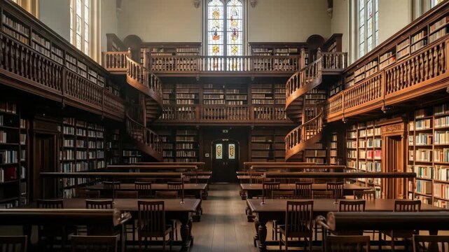 A grand library featuring rows of books, spiral staircases, and a stained glass window
