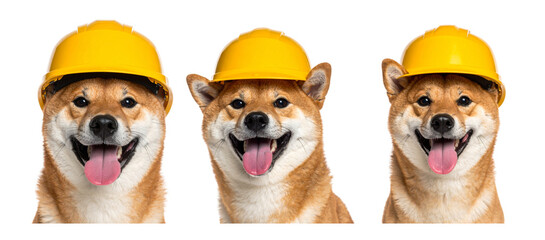 Three Shiba Inu dogs with yellow construction hats, smiling with tongues out isolated on a transparent background.